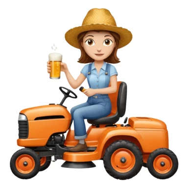 White woman with brown hair, without glasses wearing a straw hat, on old orange ride on lawn mower, holding a beer with one hand and holding the steering wheel with the other hand sticker