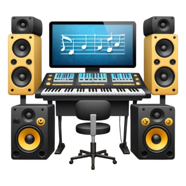 music studio with mixing desk, speakers, and musical notes sticker
