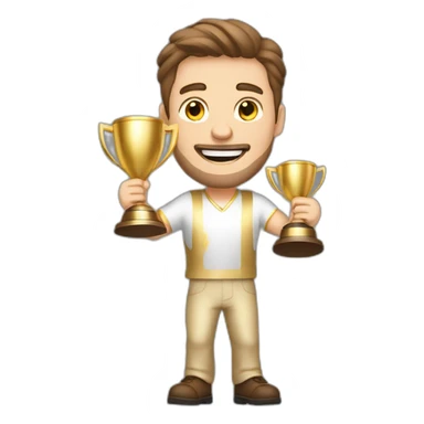 the white European man brown hair Celebrating, Raising a gold trophy in your hands, full body, Elegant dress sticker