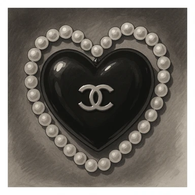 glossy black heart with a string of pearls around it, featuring a silver Chanel logo in the center, elegant, black and white color scheme, ghibli style sticker