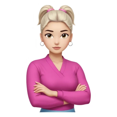 Character: Go-getter, confident, intelligent, composed
Emoji Look:

Light gray eyes, very noticeable

Well-shaped eyebrows, strong appearance

Upper ponytail

Street fashion look
Fair skin with a pink undertone

Arms crossed pose
Feeling: Girl Boss, cool beauty, minimal but powerful sticker