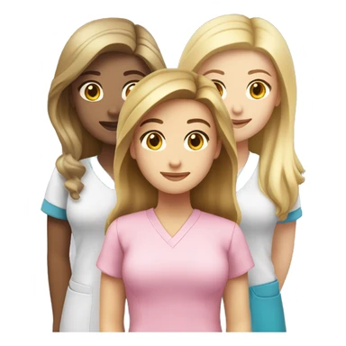 three girls standing together, one of them is Caucasian with long brown hair, next is a Caucasian girl with long blonde hair, next to her is a Caucasian girl with short blonde hair, all of them in pink scrubs dreaming of a perfect flat  sticker