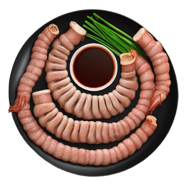 Korean grilled intestines platter with chives, garlic, and spicy sauce, served on a black plate sticker