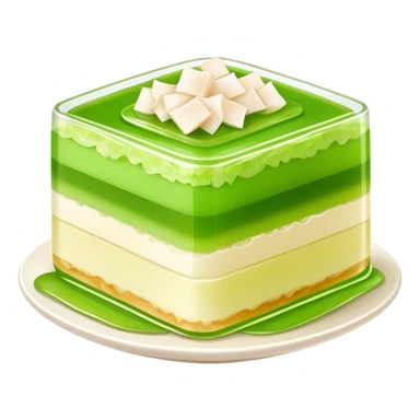 Coconut Pandan Jelly Cinematic Realistic Coconut Pandan Jelly Dessert Emoji, depicted as a layered jelly with distinct strata of coconut and pandan flavors, rendered with delicate textures and vibrant, tropical lighting. sticker