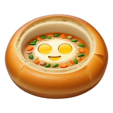 Żurek Cinematic Realistic Żurek Soup Dish Emoji, depicted as a tangy rye soup served inside a hollowed-out round loaf of bread, rendered with rich textures and dynamic, comforting lighting. sticker