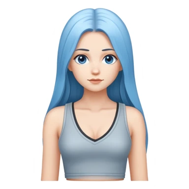 hyperrealistic caucasian, deep sky blue long straight hair, white deep v-neck crop tanktop, gray tight mini skirt sticker