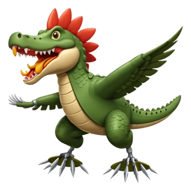 crocodile head with a terrifying mouth merged with a military bomber body, arms as airplane wings with rockets, legs as massive chicken legs like a hut on chicken legs, moving with a roar, trail of destruction sticker