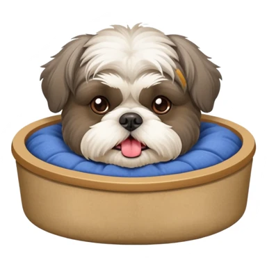 old grey shih tzu in dog bed with bowl of food tongue hanging out sticker