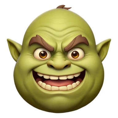 Cinematic Comical Ogre Portrait Emoji, with a strikingly exaggerated, bulky figure in vivid earthy greens and browns, head tilted in a dramatically surprised expression with wide, comically bulging eyes and a goofy, oversized grin, simplified yet hilariously exaggerated, highly detailed with a soft, cartoonish glowing outline capturing the playful absurdity of a meme-worthy ogre! sticker