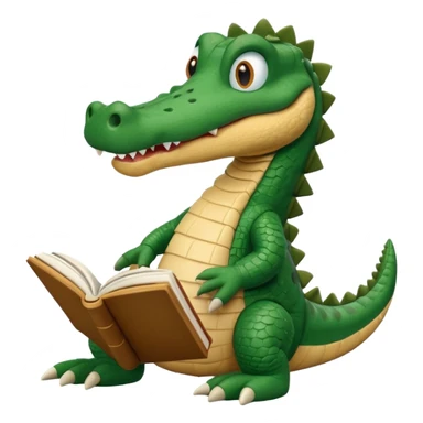 A claymation-style academic alligator with a book. The background is a solid white circle sticker