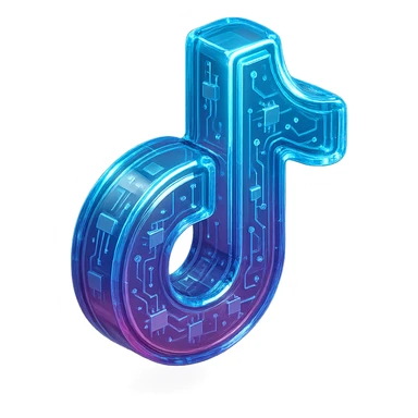 Futuristic TikTok logo, glossy circuit style, luminous blue highlights, transparent background sticker