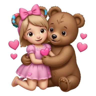 girl bear with bow on her head and boy bear hugging, couple, surrounded by hearts, playful and loving, cute sticker