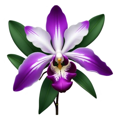 Cinematic Realistic Orchid Emoji, Exotic and elegant, with intricate, velvety petals in deep purple and white, forming a delicate and symmetrical blossom. The slender green stem holds the flower high, while surrounding leaves add lush contrast. Soft glowing outline, capturing the essence of rare beauty and sophistication in a captivating orchid. sticker
