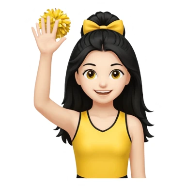 A long black hair teen girl waving pom-poms, eyes sparkling with excitement, yellow cheer leader top sticker