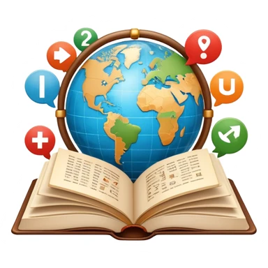 An icon featuring an open book with speech bubbles showing different alphabets—Latin, Cyrillic, Kanji. A globe and translation arrows symbolize global communication and language learning. Transparent background highlights cultural exchange and linguistic diversity. sticker