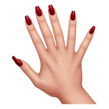 left hand of a woman with all five fingers painted in dark red nail polish, glossy finish, deep saturated red, smooth gradient, minimal details, clean and shiny
 sticker