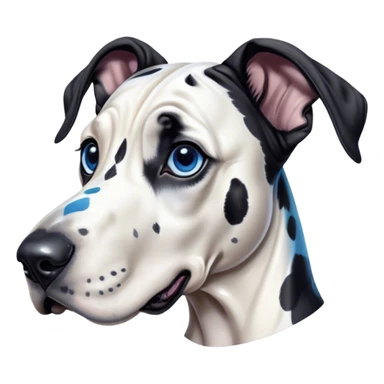 Cinematic Cute Harlequin Great Dane Portrait Emoji, Head tilted playfully and inquisitively, featuring a glossy coat of predominantly white with dynamic black patches, round, sparkling blue eyes filled with gentle curiosity, Simplified yet irresistibly adorable features, highly detailed, glowing with a warm, friendly glow, high shine, affectionate and gentle, stylized with a touch of whimsy, bright and endearing, soft glowing outline, capturing the essence of a mischievous yet loving pup, so playful it feels like it could lumber out of the screen and into your arms! sticker