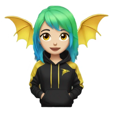 Lady with brunette and iridescent blue hair, gold, lime green dragon wings, black hoodie, bleach dyed, black and gold Nike t shirt, and bright red eyes sticker