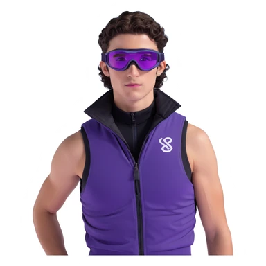 close-up of male athlete with white skin and moderately curly dark brown hair on top with shaved sides, wearing ski goggles with purple frames and very dark black lenses, a simple plain black chain necklace, and a completely unzipped sleeveless vest with purple and black sequin fire pattern design with no logo, with an arrogant smug smirk on his face, looking confident and cocky sticker