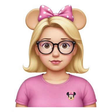 Thick Woman pink T-shirt Hazel eyes glasses blonde hair Minnie mouse ears sticker