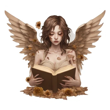 Zombie Library book bookworm academia aesthetic beige angel fallen angel tattoos with broken wing damaged wing torn wing, made of newspaper cuttings and dried flowers brown flowers sticker