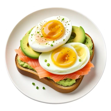 mashed avocado on sourdough toast with soft boiled egg and smoked salmon sticker