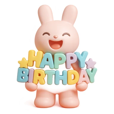 laughing bunny hugging 'Happy Birthday' letters with stars, full body, vinyl figure style sticker
