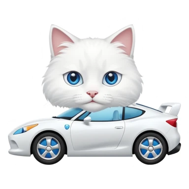 Please create a small emoji the size of 🚗 featuring a pure white cat with blue eyes on a white car side angle. sticker