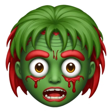 emoji de zumbi estilo WhatsApp, cabeça verde, cabelo cacheado vermelho volumoso, olhos brancos brilhando, expressão divertida e assustadora, cartoon, linhas limpas, fundo transparente, qualidade alta sticker