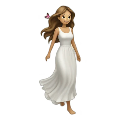 Mujer caminando en la playa y la brisa le mueve el cabello largo y crespo con un vestido largo y blanco del cual salen flores y mariposas volando sticker