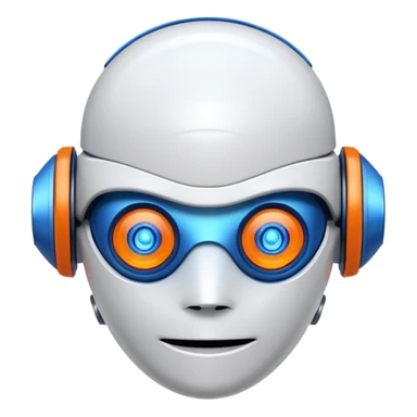 "Cartoon-style robot head with glowing blue eyes, white shell, orange-tipped arms, and blue gradient background" sticker
