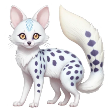 White Albino frosty snow-white whitish pastel-grey-spotted Serval-Civet-Genet-Trico-Furret-Linoone-Noibat-Espeon-Fakémon-Pokémon-animal-hybrid-fusion-creature (full body) with vibrant glowing eyes, cute, elegant, soft, realistic, pastel fur sticker