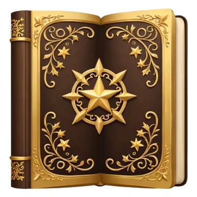 An open, ornately decorated book rendered in a highly detailed. The book's cover, framed with a broad, golden border, is a rich, dark brown, embellished with intricate golden filigree designs, including scrolling vines and decorative stars. sticker
