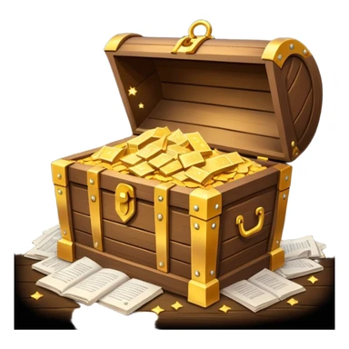 Glowing treasure chest overflowing with paper documents, sparkles, minimal style sticker
