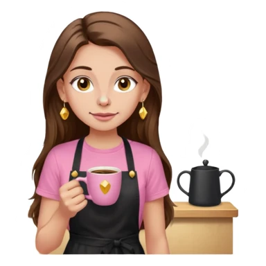 Fille cheveux long châtain, peau beige type européen, teeshirt rose avec un tablier noir, piercing au nez anneau doré, boucle d’oreille diamant doré. Elle boit un café sticker