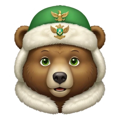 Cute Russian brown bear head with friendly expression and bright green eyes, wearing white furry ushanka hat with realistic double-headed eagle coat of arms centered sticker