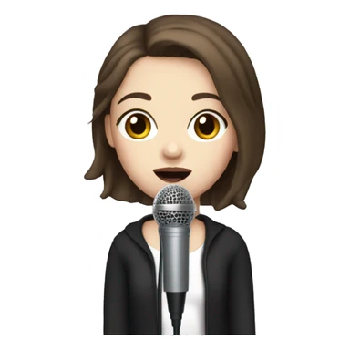 a girl with brown hair, hazel eyes, pale skin, dark lips, singing into a microphone sticker