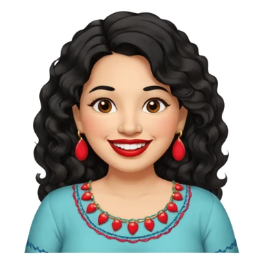 40 yr old Mexican woman, slightly chubby, wavy/curly long black hair, red lipstick, big smile, white teeth, brown eyes, hoop earings, side part to hair, round face, nice blouse, no wrinkle hair side swept, big hoop earing sticker