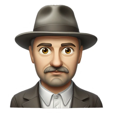 Russian writer Alexander Kuprin Photorealism A plump serious man of Slavic appearance with Small eyes with goatee beard and mustache, with a  short haircut, big detailed face, wrinkled face, wearing a fedora hat sticker