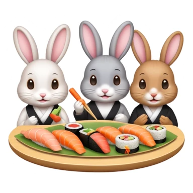 four cute bunny rabbits eating sushi at a birthday party, playful, sushi platters, birthday banner, emoji style sticker