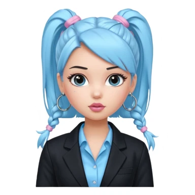 generate a pretty bratz girl wearing a light blue full sleeve shirt and a black blazer over it. silver small hoops, pink lipgloss. black hair tied up in a ponytail sticker