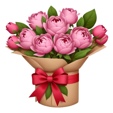 Bouquet of pink flower like rose and peony wrapped in kraft paper with red bow sticker