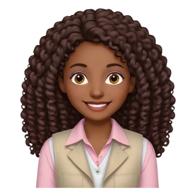 mujer morena, pelo rizado largo, sonriendo, con ojos grandes y marrones con camisa rosa palo y un chaleco blanco sticker