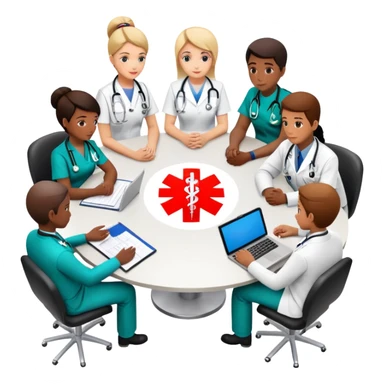 Group of medical professionals sitting around a table in a meeting, with emergency medical symbols sticker