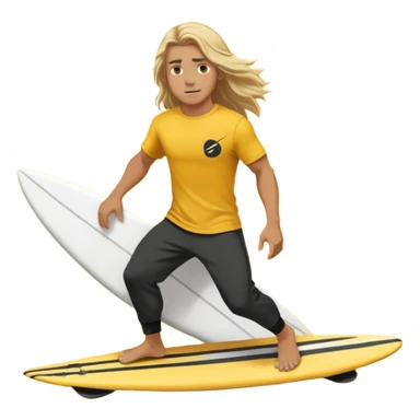 Man Surfer surfing with long blond hair, yellow t-shirt with black Nike logo in center of chest, black baggy sweatpants. On a yellow and white board sticker