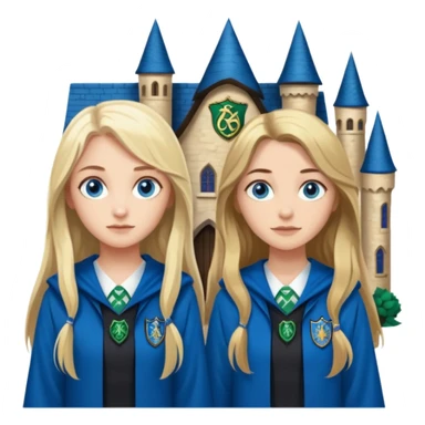 a pretty ravenclaw girl with long brown hair and blue eyes standing with a hot Slytherin girl with long blonde hair, blue eyes sticker