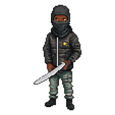 Black person with English appearance wearing a Trapstar balaclava, holding a black machete knife sticker