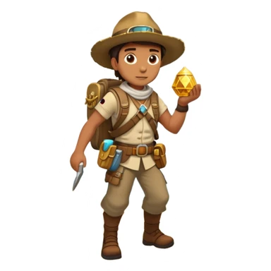 an adventure game, inspired by Uncharted-2. The design features a rugged explorer navigating through ancient ruins, with treasure and obstacles in the background. A dynamic environment with jungle, cliffs, and puzzles highlights the thrill of discovery and action. Transparent background. sticker