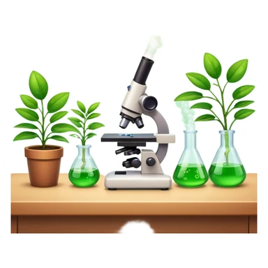 FA 3D cartoon science lab table with test tubes, microscope, and a small potted plant, green leaves under bright light, clean background, realistic Memoji-style rendering. sticker