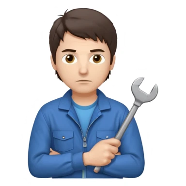 Calm and independent male technician, fair skin, short tousled dark brown hair, cool gray eyes, serious but composed expression, wearing a blue work jacket over a grey t-shirt, holding a wrench in one hand and a mechanical gear in the other, waist-up, front-facing sticker